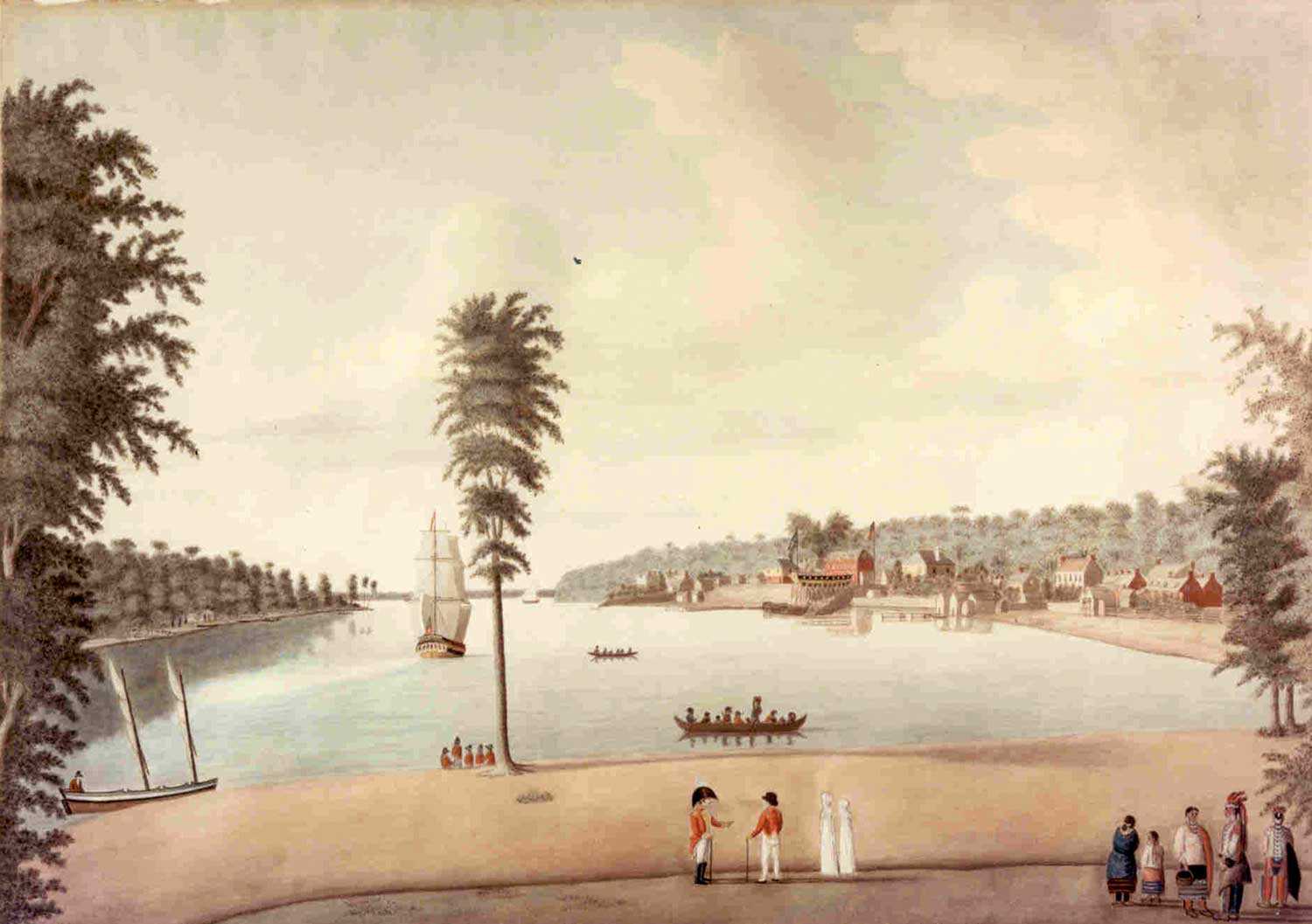 « A View of Amherstburg, 1813 », par Margaret Reynolds. Avec l’aimable autorisation de Parcs Canada, lieu historique national du Canada du Fort-Malden