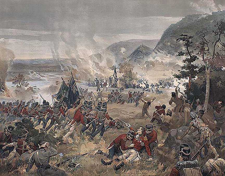 Bataille des hauteurs de Queenston, 13 octobre 1812 (mort de Brock) », John David Kelly, 1896. Bibliothèque et Archives Canada 1954-153-1.