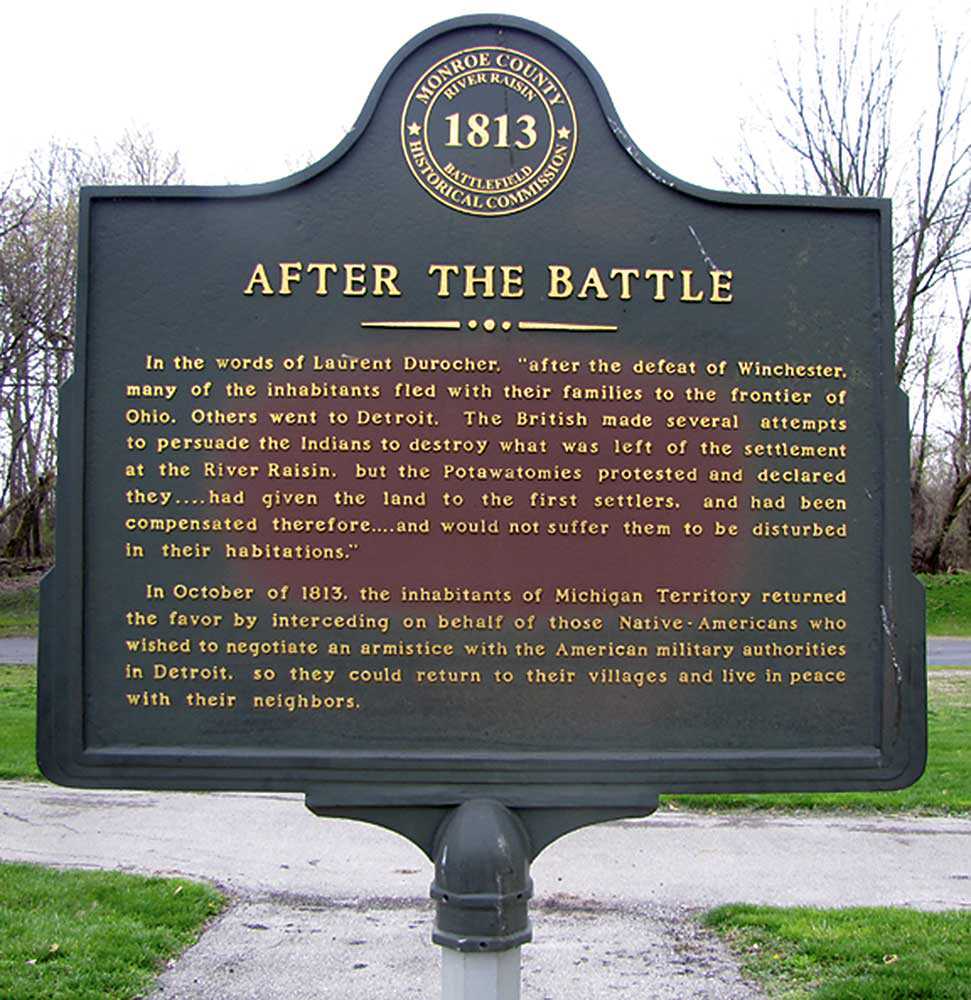 Plaque au River Raisin National Battlefield Park à Monroe, au Michigan. La bataille de Frenchtown, connue aussi sous le nom de bataille de la rivière Raisin, fait partie d’une série de conflits qui ont eu lieu pendant la guerre de 1812. (Photo : Guillaume Teasdale)