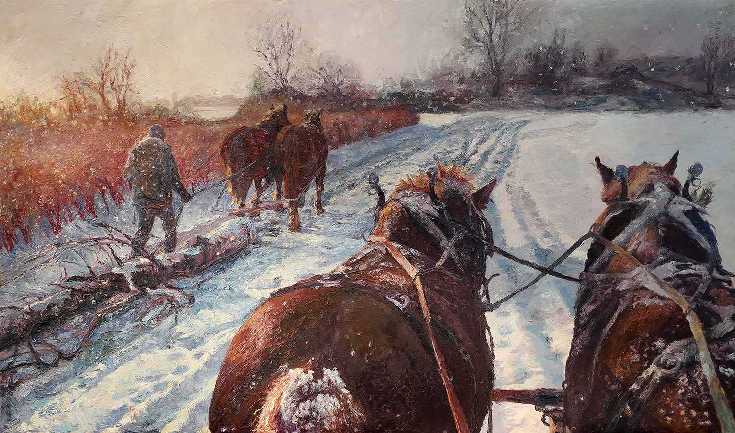 Horse Logging (Chevaux de trait), par Grayden Laing, huile sur toile