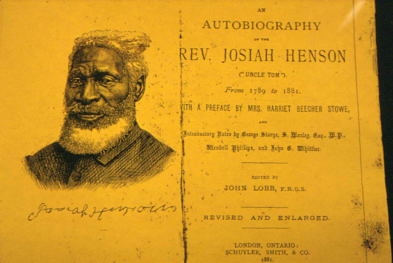 Né esclave au Maryland en 1789, Josiah Henson s’enfuit au Canada en empruntant le chemin de fer clandestin. Après s’être établi dans le Sud-Ouest de l’Ontario, il s’efforça d’améliorer les conditions de vie de la communauté noire et contribua à la création de l’Établissement de Dawn. Il devint un abolitionniste célèbre dans le monde entier, un évangéliste et un conducteur du chemin de fer clandestin. Son ancienne maison fait désormais partie du site historique de la Case de l’oncle Tom, à Dresden.