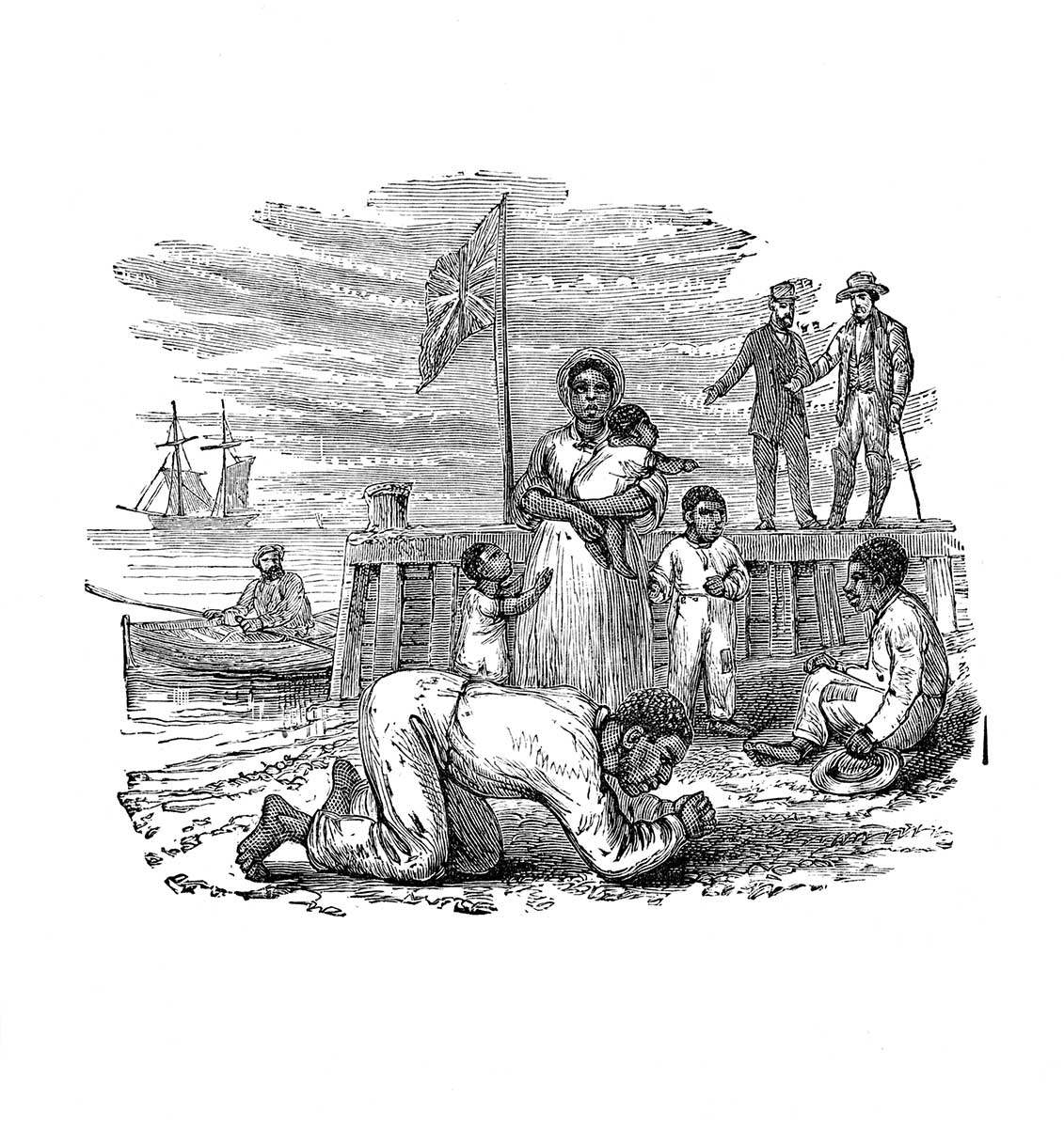 La famille Henson pose pied sur la rive canadienne le matin du 28 octobre 1830. Source : Uncle Tom’s Story of His Life: An Autobiography of the Rev. Josiah Henson.