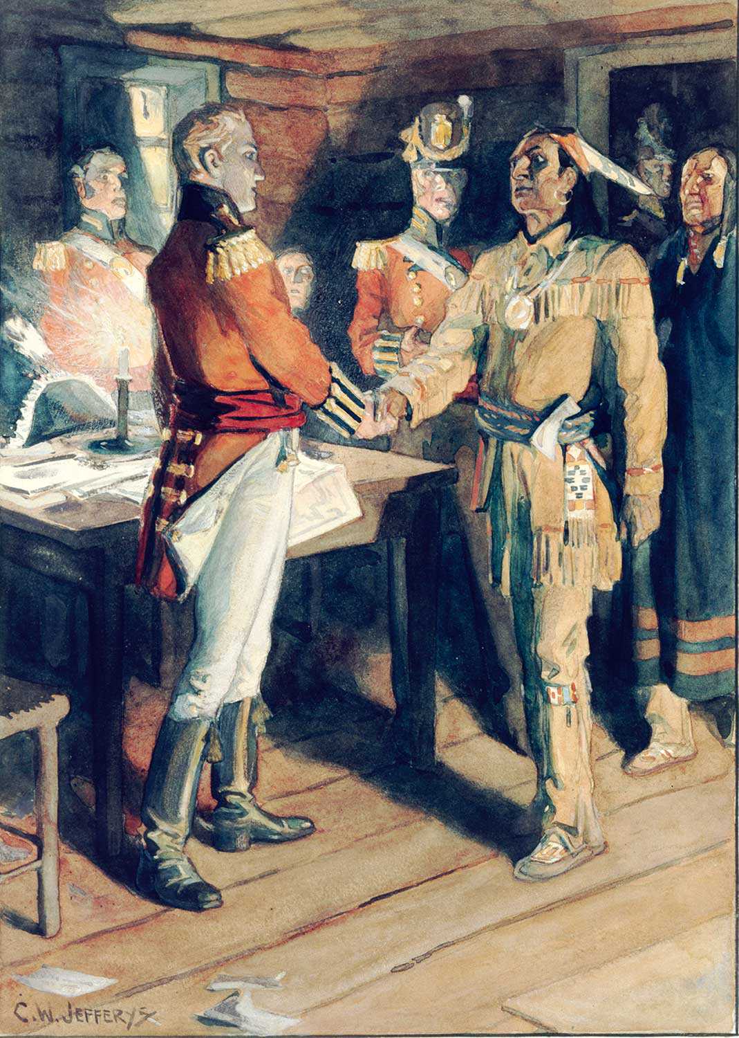 Rencontre de Brock et Tecumseh, 1812, par C.W. Jeffreys, 1869-1951. Bibliothèque et Archives Canada, 1972-26-1360