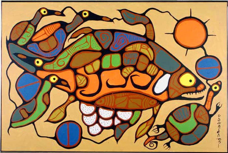 Life Regenerating, 1977, de Norval Morrisseau. Acrylique sur toile, 99,1 x 149,9 cm. Collection d’œuvres d’art du gouvernement de l’Ontario, Archives publiques de l’Ontario, 623855.