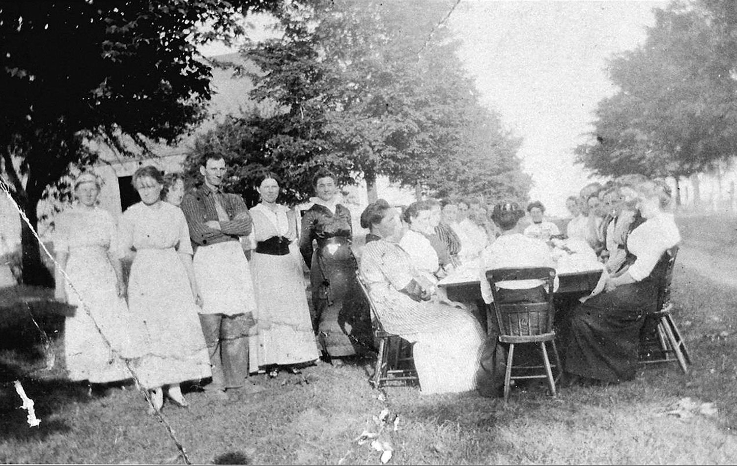 Festin après la corvée de piquage de courtepointe chez Mme Burts dans le canton d’Erin, en 1915. (Ph 10312,  Musée et archives du comté de Wellington)